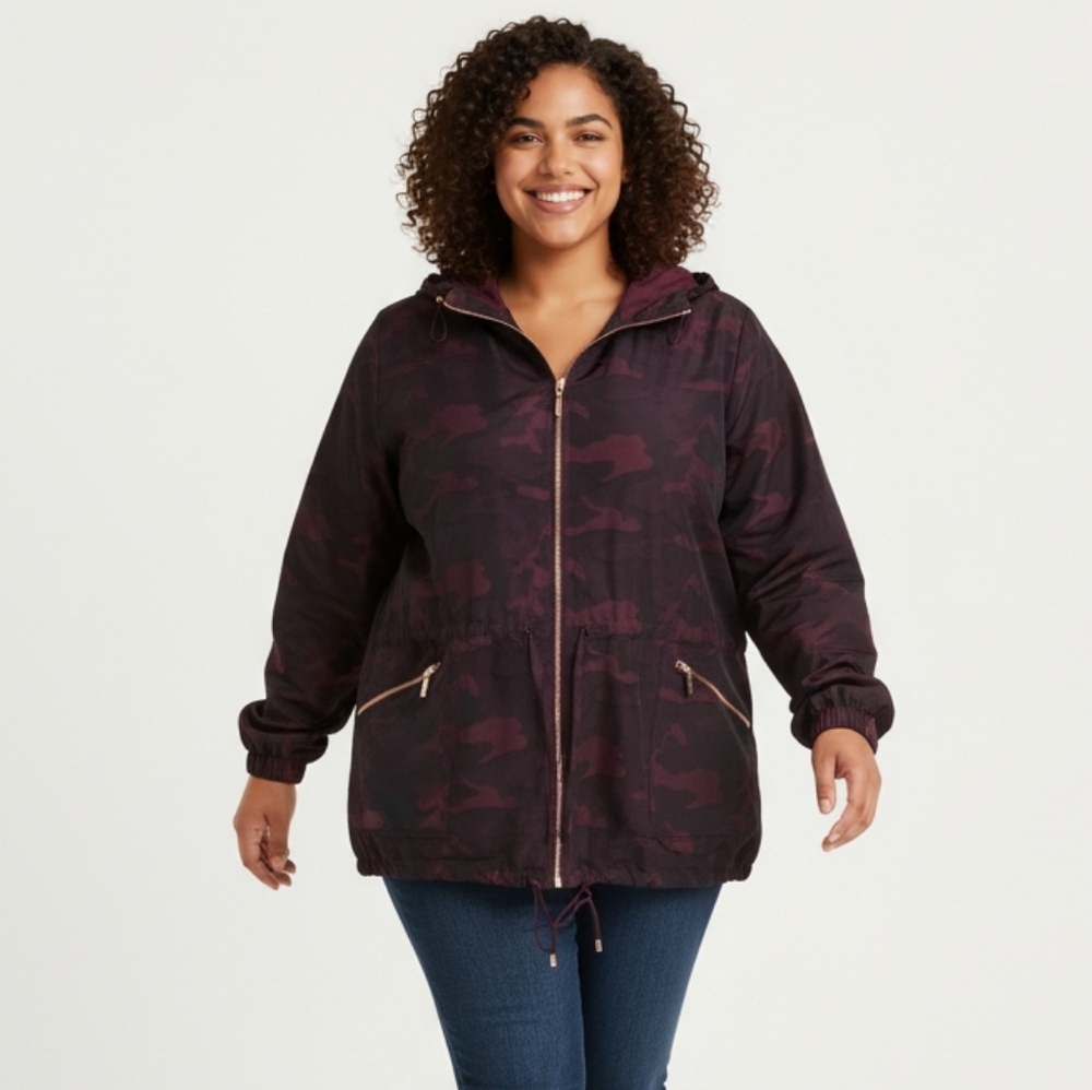 Chico's Embossed Camo Anorak Jacket In Spiced Bordeaux Hooded 16/18